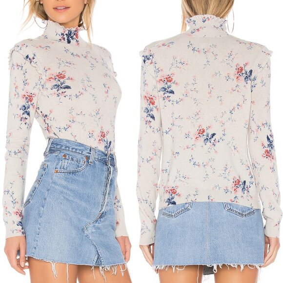 Joie Robbia Sweater L Wool Cashmere Blend Mock Neck Floral Ruffle Gesso $298 - Picture 1 of 16